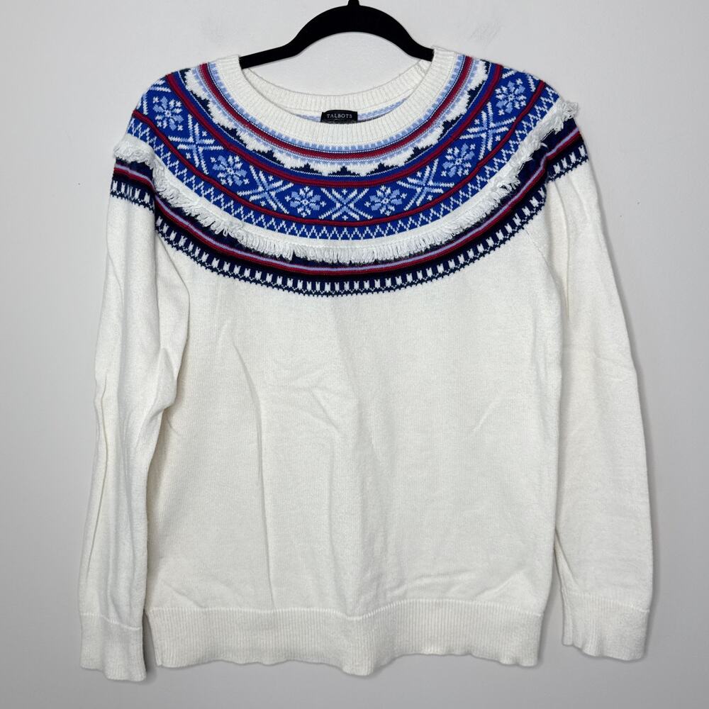 Talbots Nordic Fair Isle Cream Crewneck Lambswool Blend Sweater Large Fringe Ski